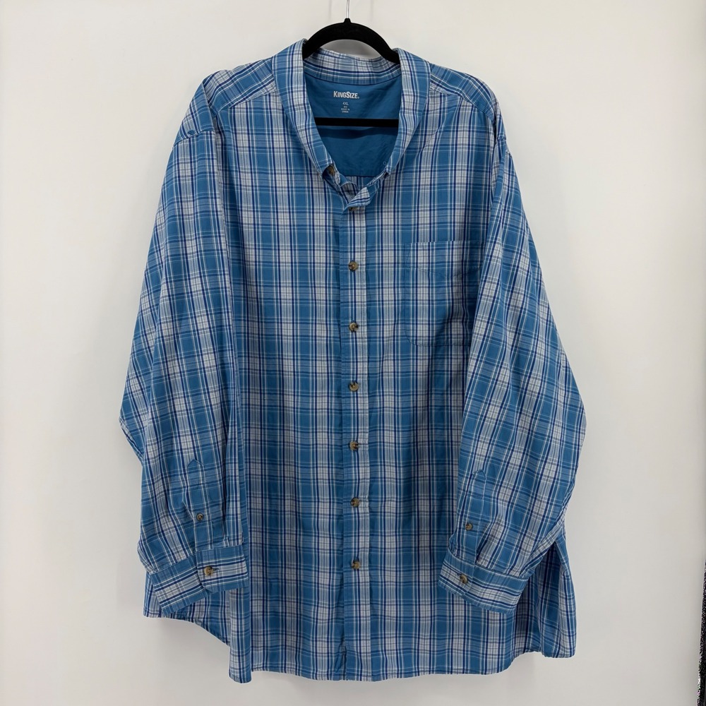 King Size Mens 4XL Big Long Sleeve Plaid‎ Button Up Shirt Blue White Casual